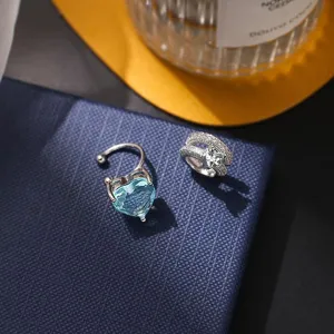 Vintage Legierung Strass Herz Ohrklemmen Set Blau Kristall Ozean Herz Ohrringe Ohne Loch Knorpel Clip Ohrringe Für Damen Schmuck