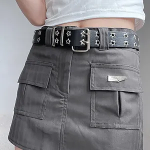 Women Punk PU Leather Belt Double Pin Buckle Hollow Star Grommet Casual Waist Belt Streetwear Gothic Fashion Decorative Belt For Jeans Skirt