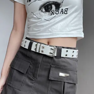 Women's white punk double-grommet star belt stylish metal buckle casual waist accessory