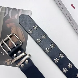 Black leather punk belt featuring metal double buckle and star shaped eyelets for fashion women