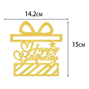 Topper per torta a forma di pacco regalo dorato con Happy Birthday per festa compleanno.