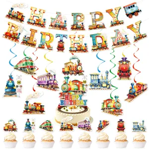 Banner de Decoración de Fiesta de Cumpleaños de Tren Espirales Colgantes Cake Toppers Suministros de Celebración
