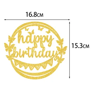 Topper per torta di buon compleanno dorato glitterato con farfalle per feste bellissime.