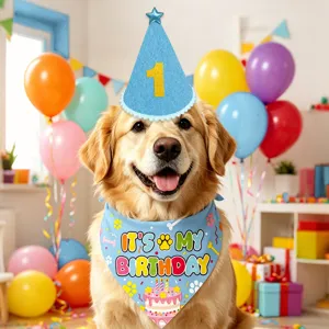 Leuke honden verjaardag feestset met blauwe hoed en bandana voor speciale huisdier vieringen.