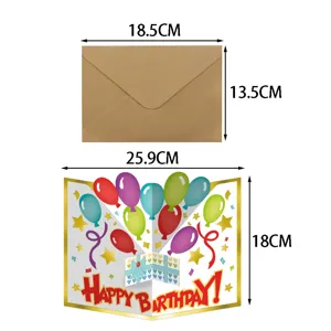 3D pop up happy birthday greeting card with envelope, colorful balloon design for celebration.