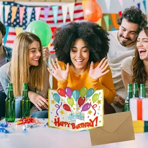 3D pop-up birthday greeting card with colorful balloons and party scene background detail view