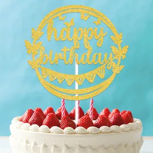 Topper per torta buon compleanno dorato glitterato con farfalle per feste decorazione.