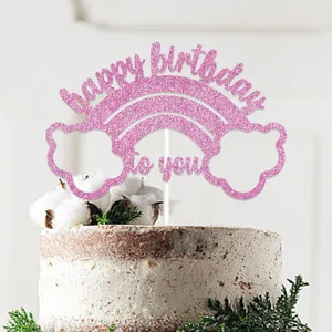Topper per torta arcobaleno glitter rosa con nuvole per festa di compleanno felice.