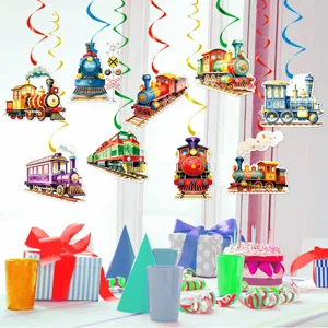 Set de decoraciones colgantes en espiral de tren colorido para fiesta de cumpleaños infantil.