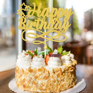 Topper per torta Happy Birthday dorato glitterato brillante per feste di compleanno.