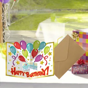 3D pop-up happy birthday greeting card with envelope, colorful balloons gift card for gift.