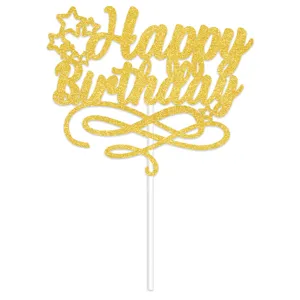Topper per torta Happy Birthday glitter dorato con stelle e design a spirale per feste