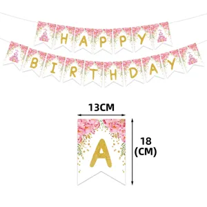 Pink princess castle birthday party banner with gold glitter letters, size 13x18cm per flag.