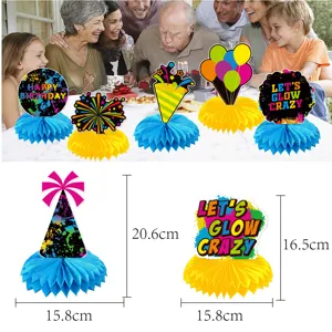 Fluorescent birthday party honeycomb centerpieces, colorful table ornaments for kids celebration.
