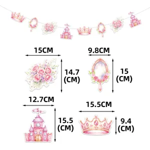 Pink princess castle birthday party banner decoration set with detailed size dimensions for hanging props.