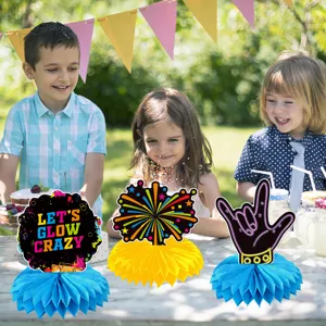 Glow party honeycomb centerpiece decoration set for kids birthday party table decor setting.