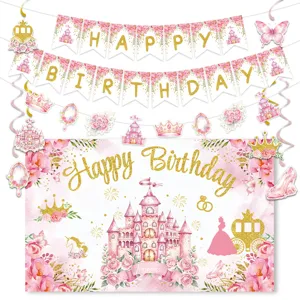 Pink Princess Castle Birthday Party Decoration Set Birthday Banner Backdrop Hanging Swirls Kids Party Supplies