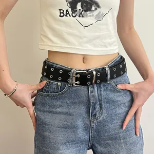 Punk double grommet leather belt for women and men, cool metal eyelet waist belt for jeans.
