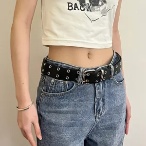 Punk double grommet black leather belt for women men cool jeans pants waist accessory