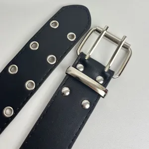 Punk style double grommet black leather belt with metal double pin buckle for cool outfits.