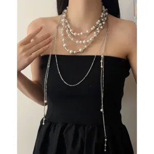 Vintage Layered Artificial Pearl Tassel Necklace For Women Niche Light Luxury Design Alloy Bamboo Joint Pendant Clavicle Chain Jewelry