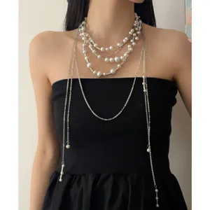 Vintage multi-layer pearl metal chain necklace tassel choker elegant jewelry for women