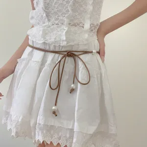 Elegant Woven Thin Waist Chain Belt For Women With Artificial Pearl Decoration Adjustable Pull String Versatile Dress Accessory