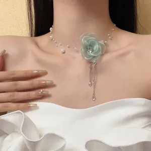 Süße Minzgrün Netzblume Künstliche Perle Halskette Zirkonia Wassertropfen Quaste Ohrringe Elegante Lange Kette Schmuck Für Damen