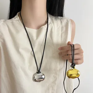 Korean Retro Gold Moon Box Long Necklace For Women Simple Capsule Pendant Leather Cord Sweater Chain Vintage Jewelry