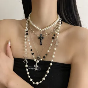 Collier de perles croix multicouche lourd style doux et cool pour femmes chaîne de clavicule