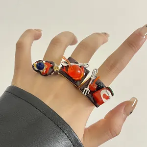 Bague Ouverte en Alliage Émail Forme de Nourriture Mignonne Miniature Confiture Gâteau Fruits Bague Réglable pour Femme Bijoux Personnalisés Style Ins