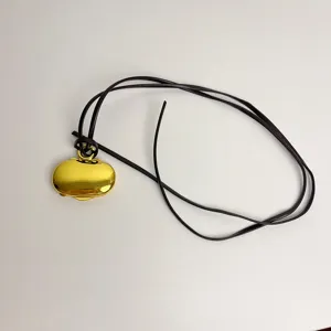 Korean style gold capsule pendant necklace with dark leather cord vintage minimalist jewelry