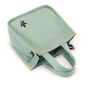 Borsa a mano casual in tela verde da donna, borsa tote con manico, cerniera e anelli per tracolla.