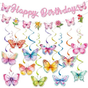 Lente Vlinder Thema Verjaardagsfeest Decoratie Set Roze Glitter Happy Birthday Banner Vlinder Spiraal Hangdecoraties Voor Kinderfeestje