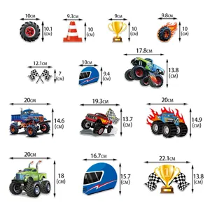 Monster truck verjaardag feest decoratie uitsneden set met afmeting details voor kinderen.