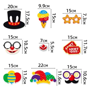 Carnival circus party photo booth props set with various cute designs and sizes for celebration.