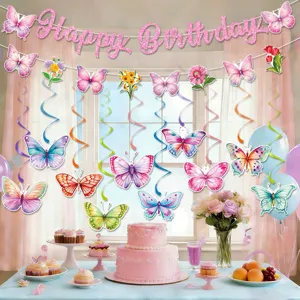Lente vlinder verjaardag feest decoratie banner en hangende spiralen set voor kids.