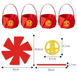 Chinese New Year felt basket DIY kit with gold glitter characters and clear dimensions.