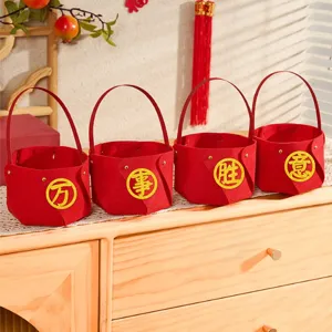Lunar New Year red felt handheld baskets set of four with golden characters for table holiday decor