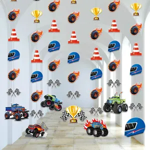 Monster Truck Verjaardagsfeest Decoraties Hangende Spiralen Raceauto Terreinwagen Thema Feestartikelen Geblokte Vlag Trofee Helm Papieren Banner Voor Kinderen Verjaardag