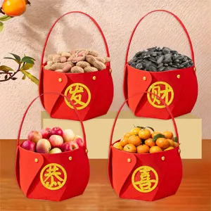 Chinese Style Non-Woven Fabric Hand Basket Red Festive Character Pattern Desktop Decoration Tableware Tray For Spring Festival New Year Party Holiday Home Decor Gift Basket