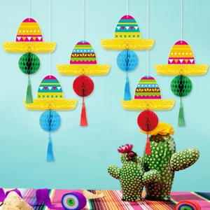 Mexican fiesta party hanging honeycomb sombreros decorations for Cinco de Mayo celebrations.