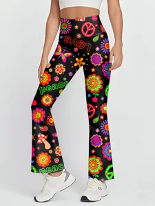 Dames Retro Bloemen Print Hoge Taille Uitlopende Broek Slim Fit Vintage Bell Bottom Broek