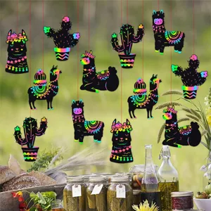 Decoraciones de Fiesta Mexicana Cinco De Mayo Cactus Alpaca DIY Kit de Arte de Rascar Arcoiris Ornamentos Colgantes para Niños Fiesta