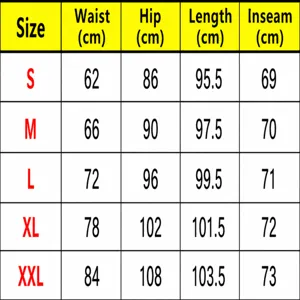 Detailed size chart for women's PU leather pants, showing waist, hip, and length measurements.