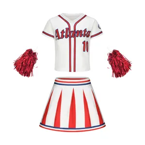Children cheerleading uniform set, baseball style jersey with skirt and pom pom props.