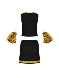 Ensemble costume pom-pom girl noir et doré avec pompons pour spectacle de sport scolaire.