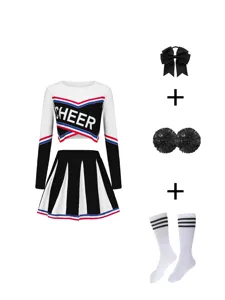 Women Long Sleeve Cheerleading Uniform Set Preppy Crop Top Pleated Skirt Performance Costume With Accessories