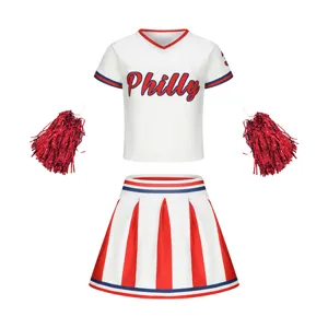 Kids cheerleader costume set with top, pleated skirt and pom poms for dance performance.