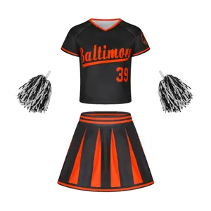 Kids cheerleader costume set, black and orange top with skirt and pom-poms for sports events.